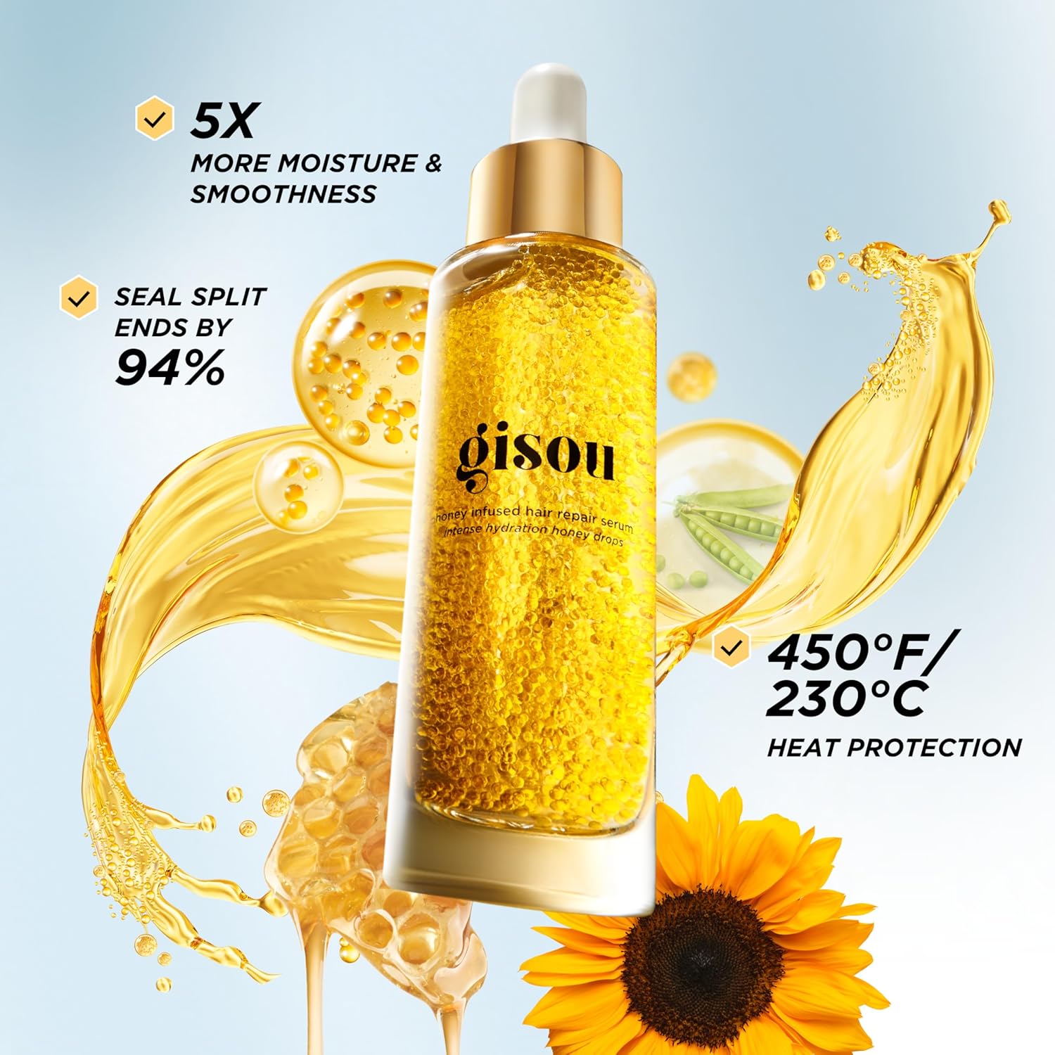 Gisou Honey Infused Hair Repair Serum, Clinically Proven to Seal Split Ends and Strengthen Hair, Mirsalehi Honey and Plant-Based Keratin, Heat and UV Protection, Lightweight Serum for Damaged Hair