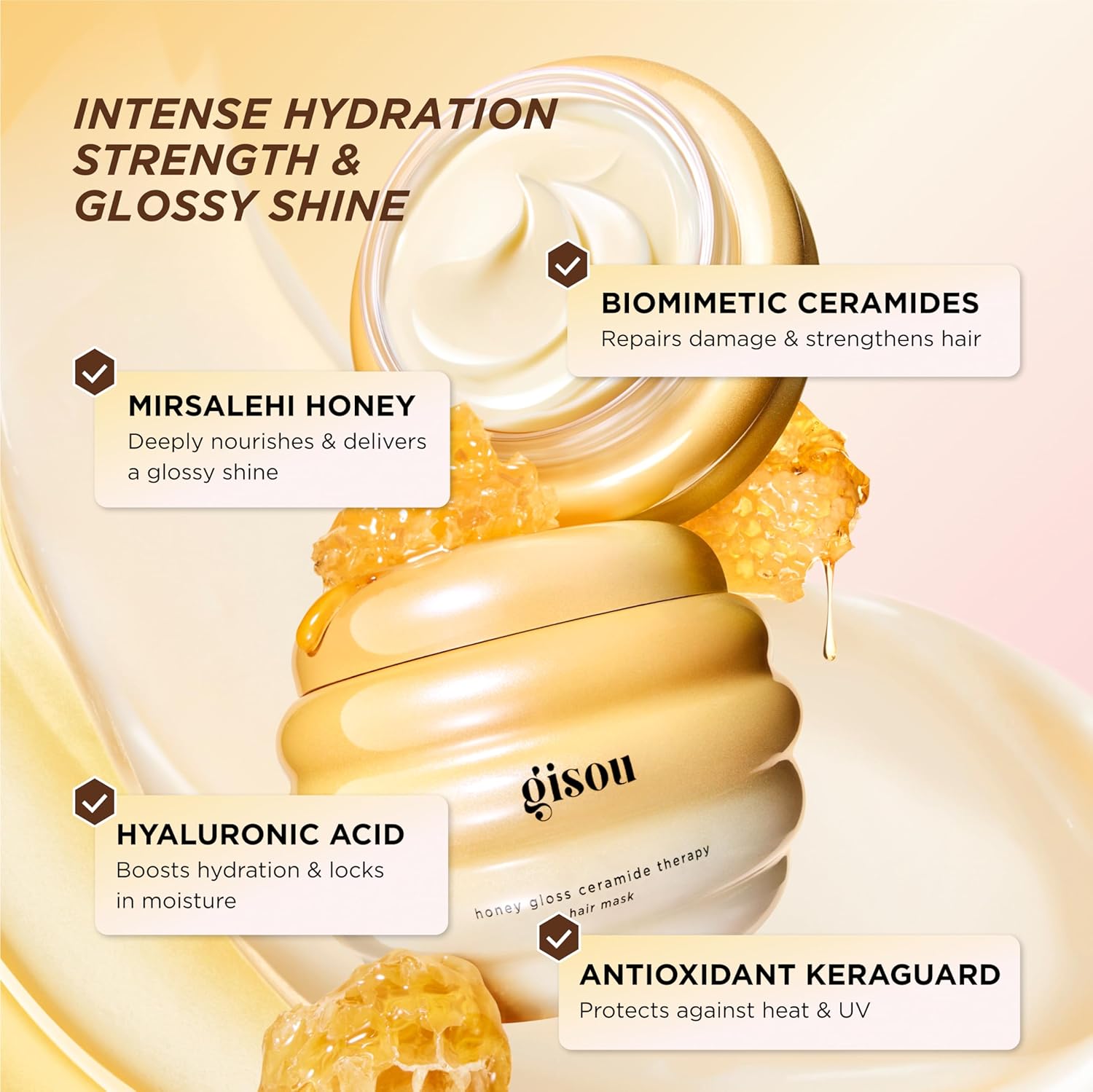 Gisou Honey Gloss Ceramide Therapy Hair Mask, Deep Hydration & Repair, Mirsalehi Honey, Ceramides & Hyaluronic Acid, 4x Stronger Hair & +85% Shine, Suitable for All Hair Types