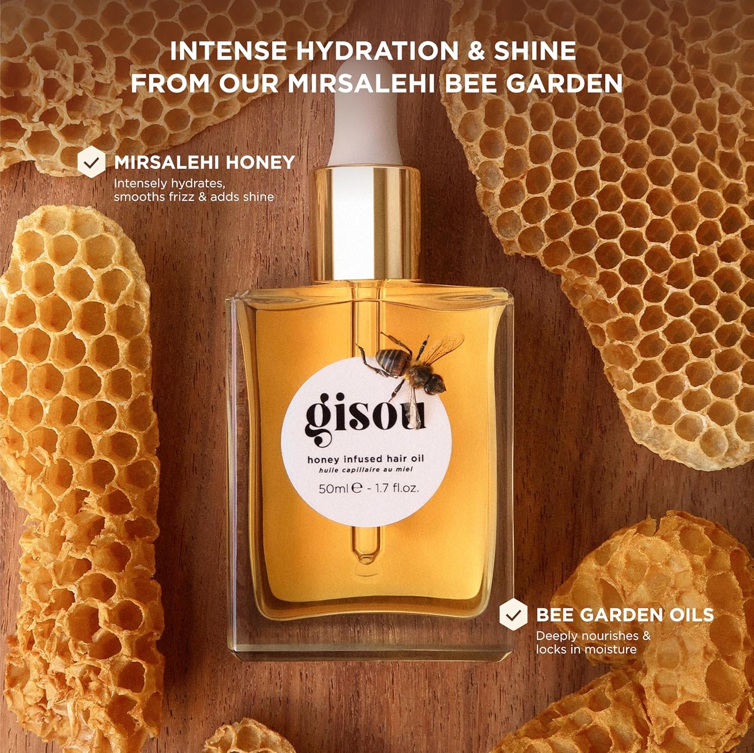 Gisou Honey Infused Hair Oil, Award-Winning Hydration, Frizz Control & Shine Treatment, Mirsalehi Honey & Botanical Oils, Heat Protection up to 450°F, All Hair Types​ (50ml)